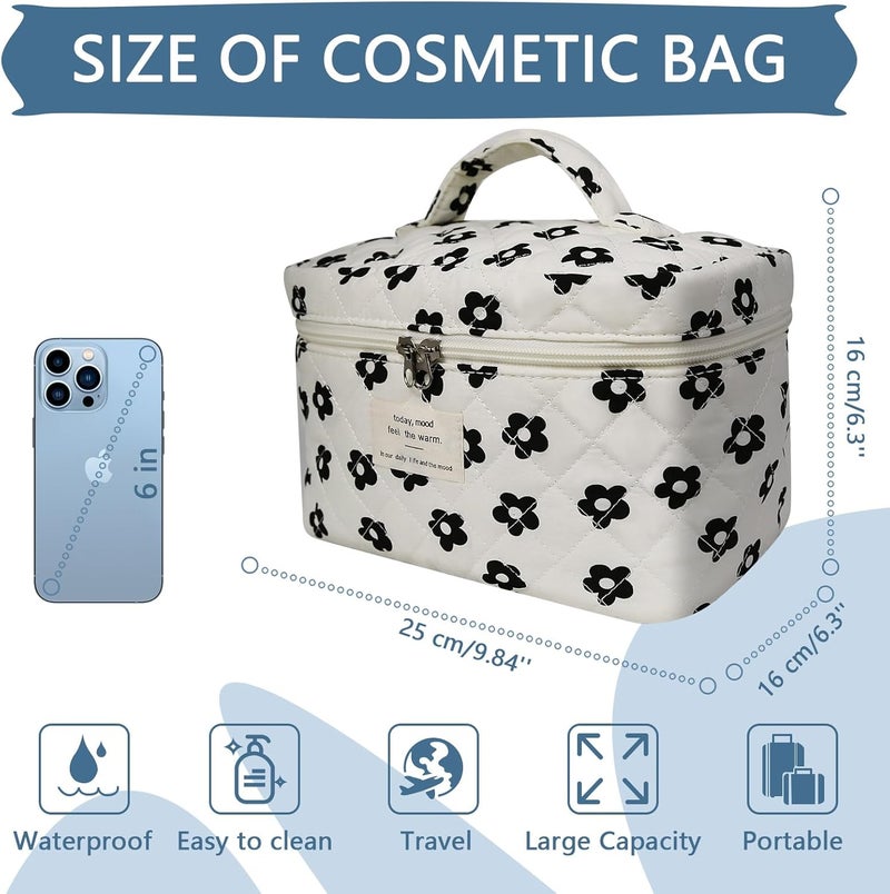 Gosect Large Makeup Bag, Cute Cosmetic Bag for Women Girls, Floral Coquette Aesthetic Toiletry Bag, Travel Make Up Organizer Bag (Black Flower) - Image 2